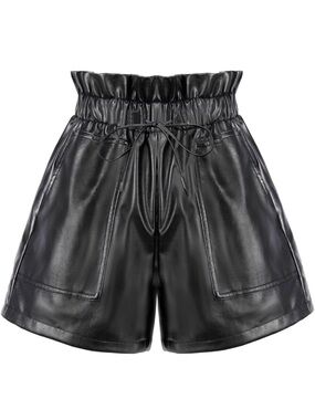 High-Rise Black Faux Leather Paperbag Shorts with Pockets EUC